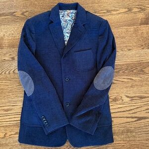 Boys Isaac Mizrahi blazer, navy blue corduroy with gray elbow patches, size 12.